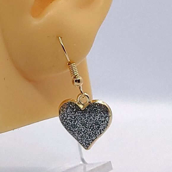 Silver Glitter Heart Shaped Earrings Dangle Gold Fish Hook Womens Jewelry NEW - Picture 3 of 4